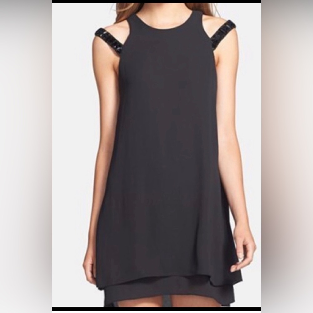 BCBGMaxAzria Selina Black Cocktail Dress, Embellished Sleeves, Size Small